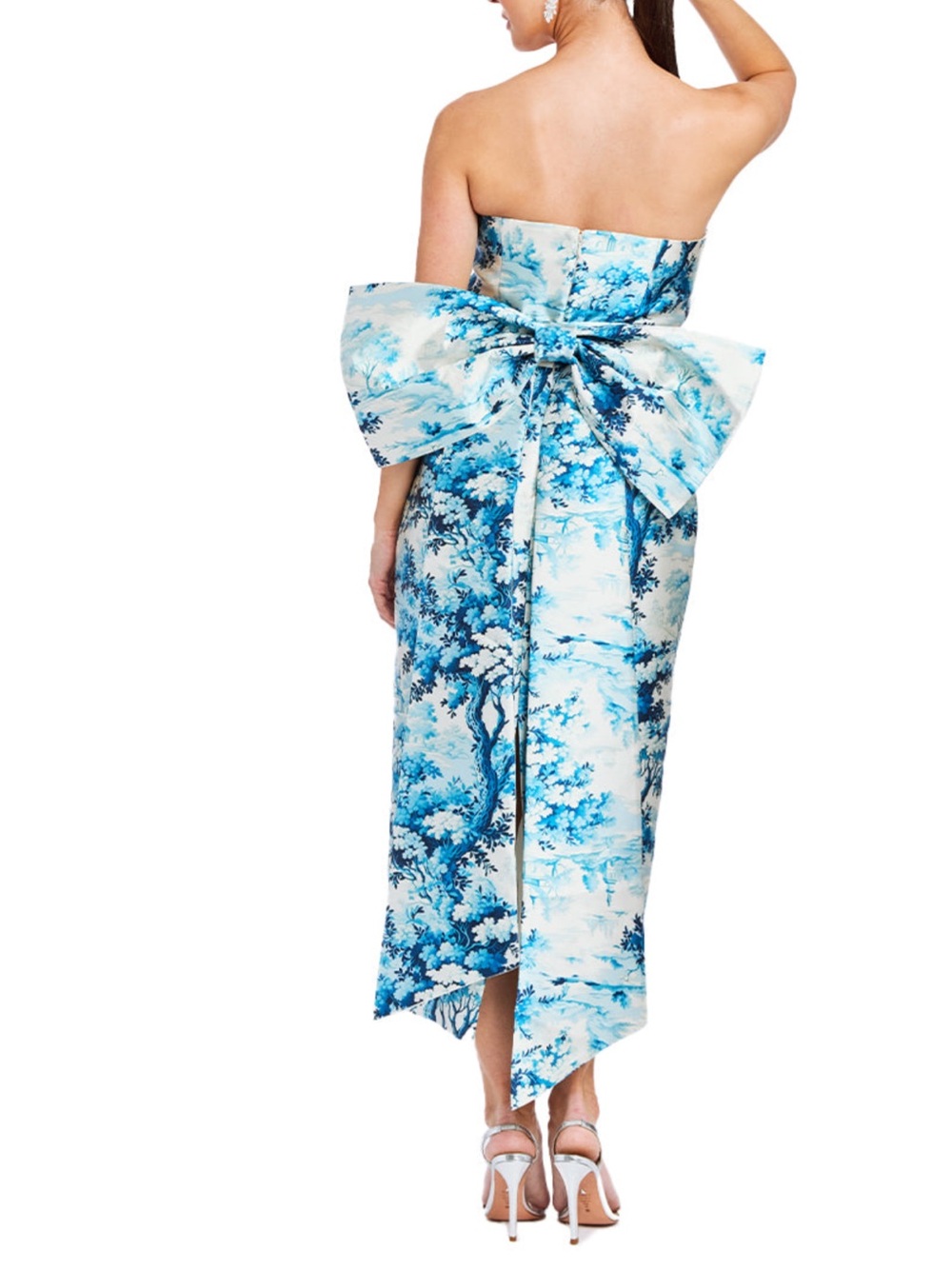 Strapless Blue Toile Midi Dress with Back Bow - Picture 5 of 10